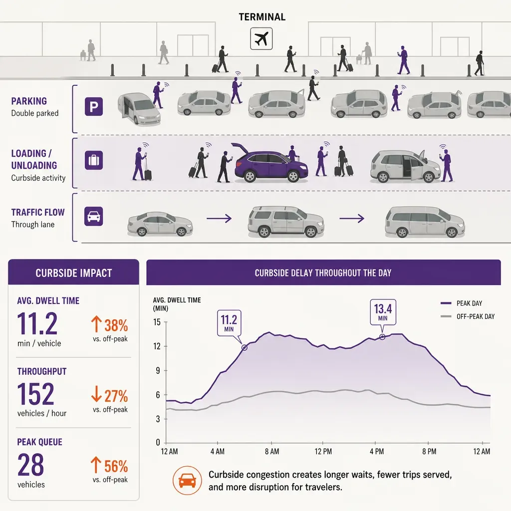 Infographic of airport curbside lanes with double-parked cars, passenger movement, rideshare cluster, blocked bus bay, and 30