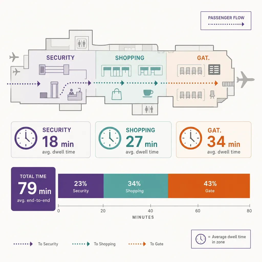 colorful vector infographic of airport terminal zones showing passenger flow and dwell time phases from security to gate thro