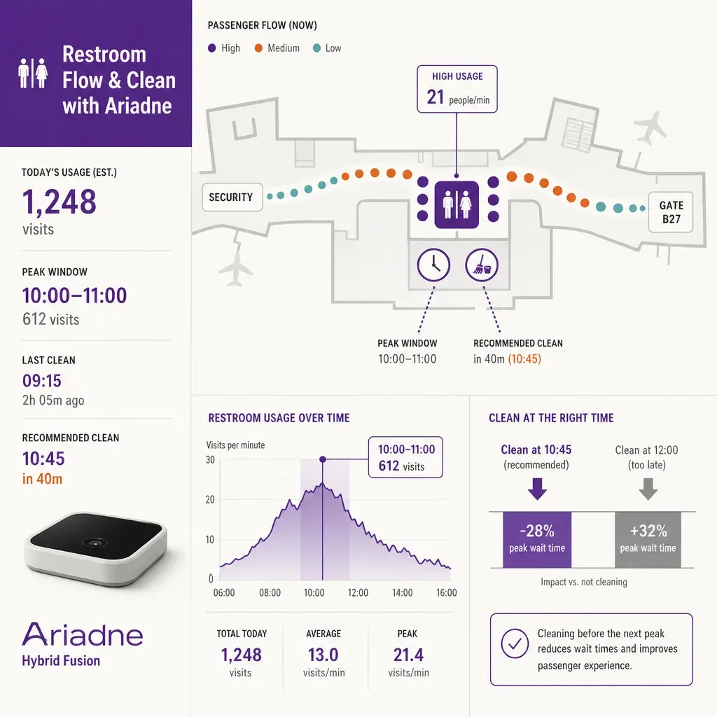 flat vector infographic of airport terminal path from security to gate passing restroom with passenger flow dots and icons sh