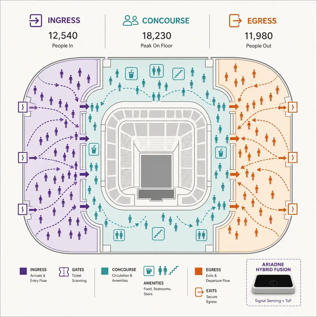 colorful flat infographic of stadium floor plan split into ingress, concourse, and egress zones with crowd movement icons and