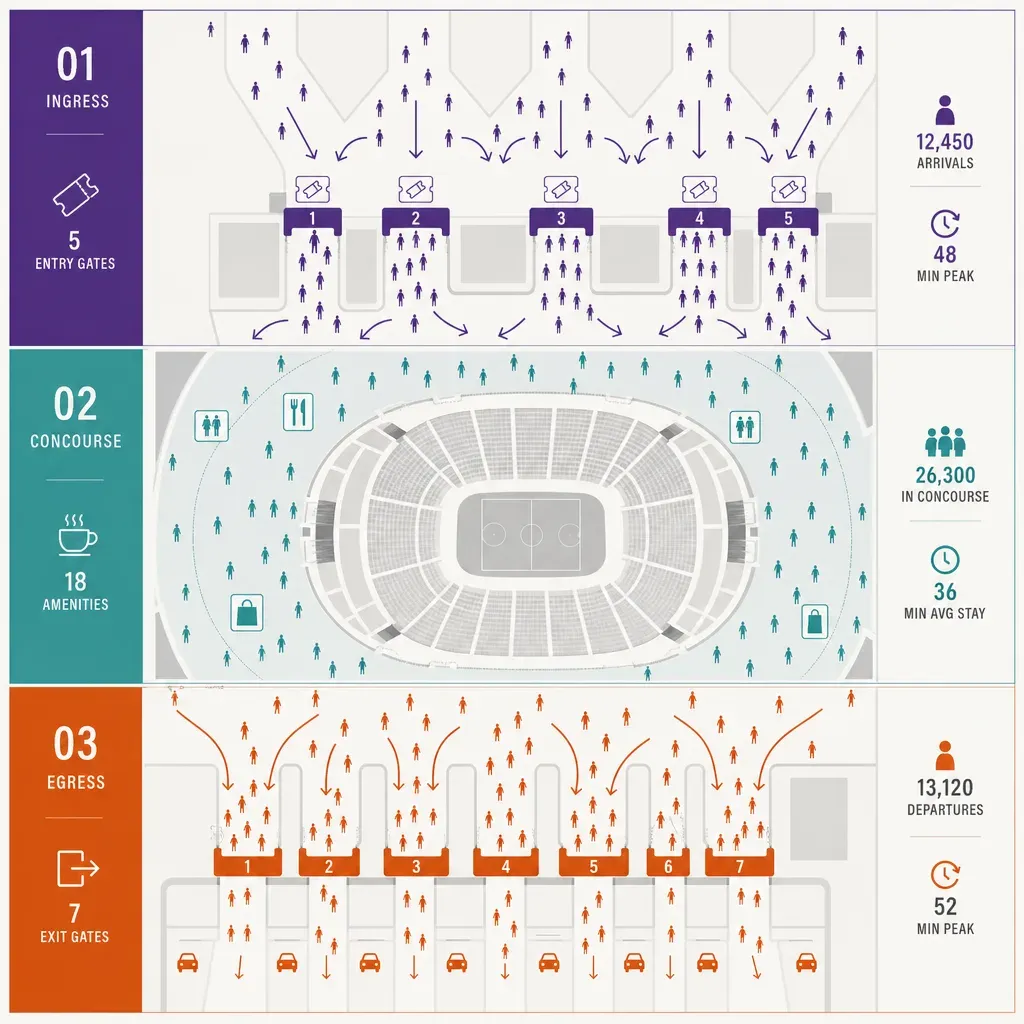 infographic of an arena layout divided into ingress, concourse, and egress zones with arrows and icons illustrating crowd mov