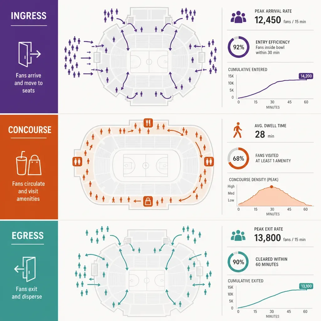 flat vector infographic illustrating arena crowd flows: ingress crowd entering, concourse dwell around concessions, and egres