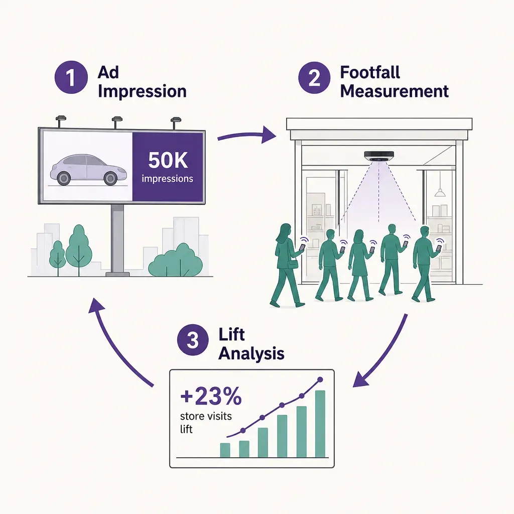infographic showing flow from billboard ad impression to store footfall measurement with sensors to lift analysis graph and b