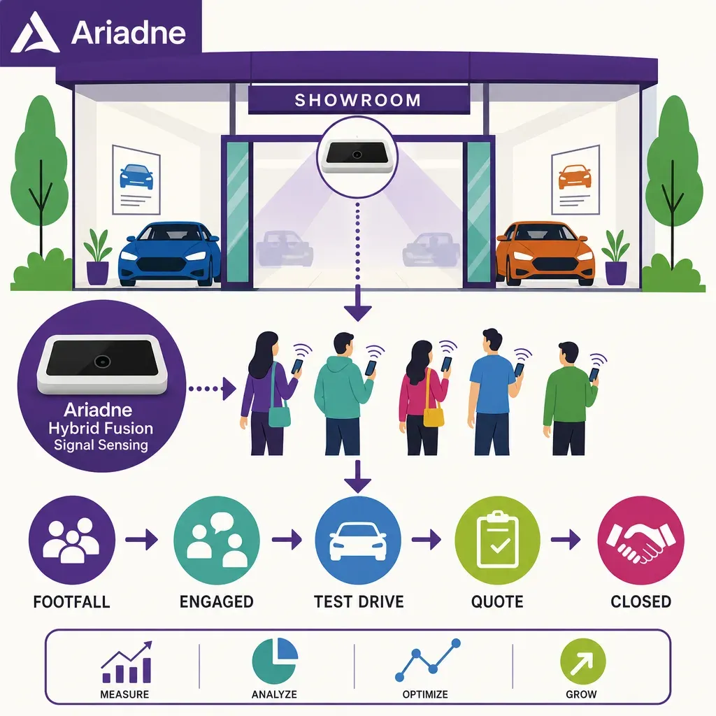 flat vector infographic illustrating car showroom footfall measurement with sensors feeding into sales funnel steps