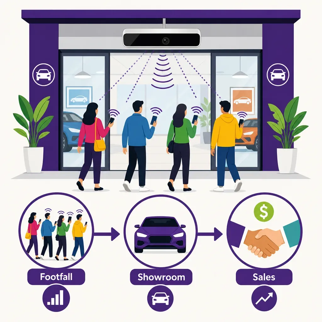 infographic showing people-counting sensor at car showroom entrance with flow from footfall to sales in simple icons
