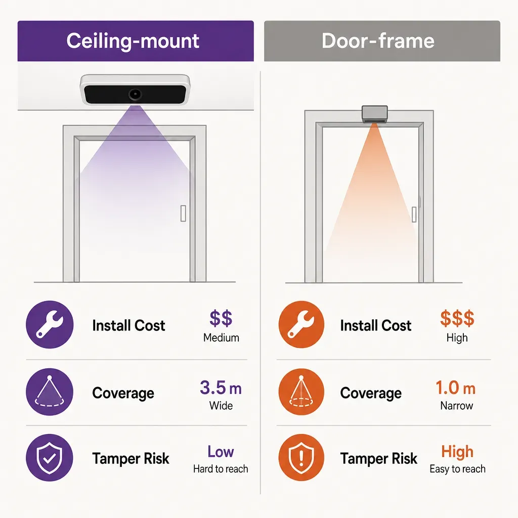 infographic comparing installation cost, accuracy, and performance of ceiling-mounted versus door-frame people counters with 
