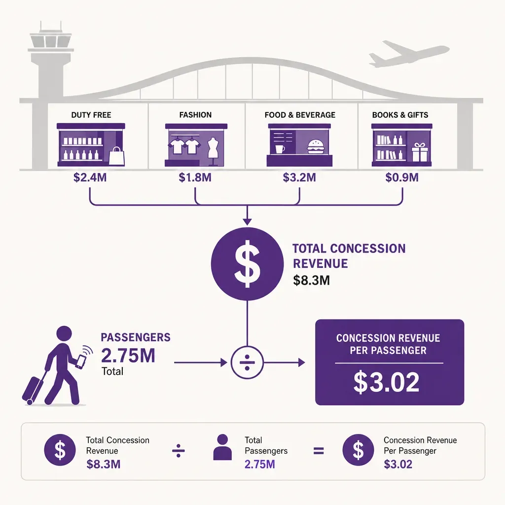 Vector infographic showing airport retail and food icons connected to a dollar sign divided by a passenger icon, illustrating