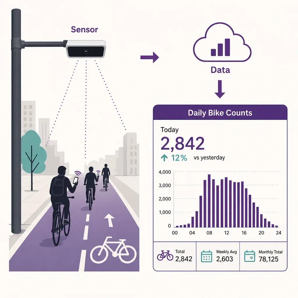 Vektorinfografik zeigt einen Personenzähler für Radwege, der den Fahrradverkehr überwacht und tägliche Besucherzahlen