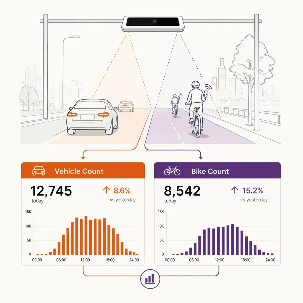 Bunte Infografik vergleicht Fahrzeug- und Fahrradzählungen mit Symbolen und Pfeilen zur Darstellung der Datenerfassung durch
