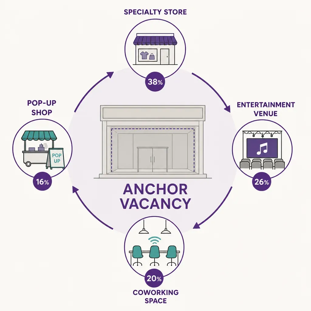 colorful infographic showing decline of department store anchor tenants and various replacement options with simple icons and
