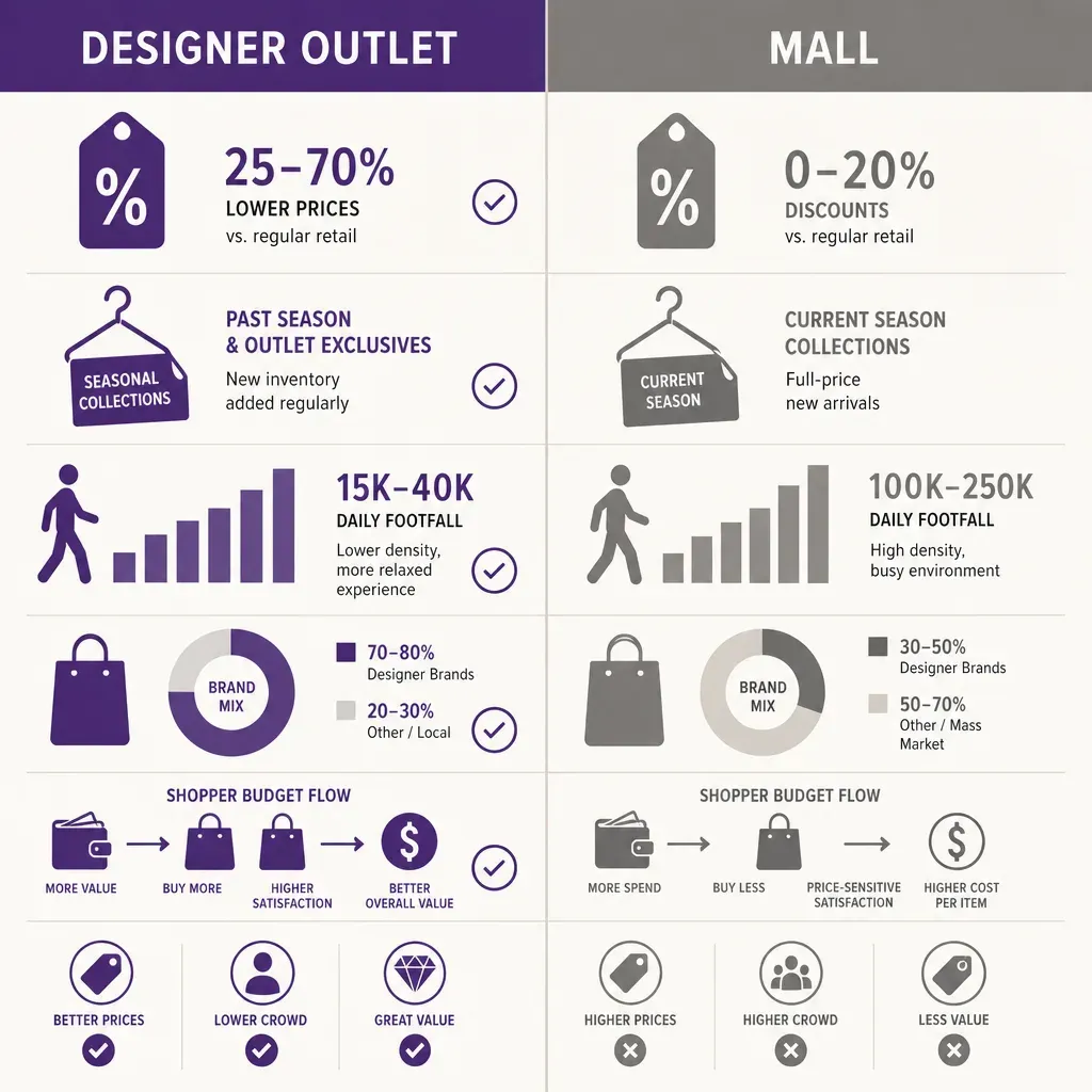 flat vector infographic comparing designer outlet and mall features side by side with icons for price, footfall, brands, and 