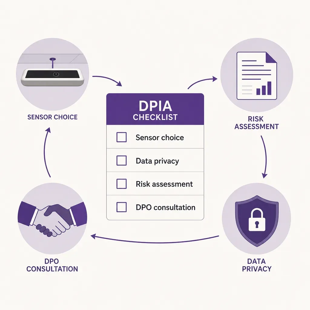 Infografik einer DPIA-Checkliste mit Symbolen für Personenzähler, Datenschutz, Risiko und Zusammenarbeit