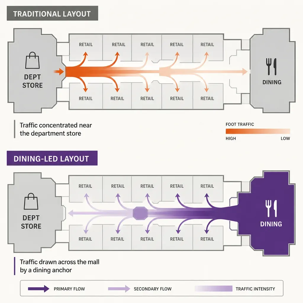 vector infographic comparing mall floor plans with department store anchor replaced by dining anchor driving foot traffic