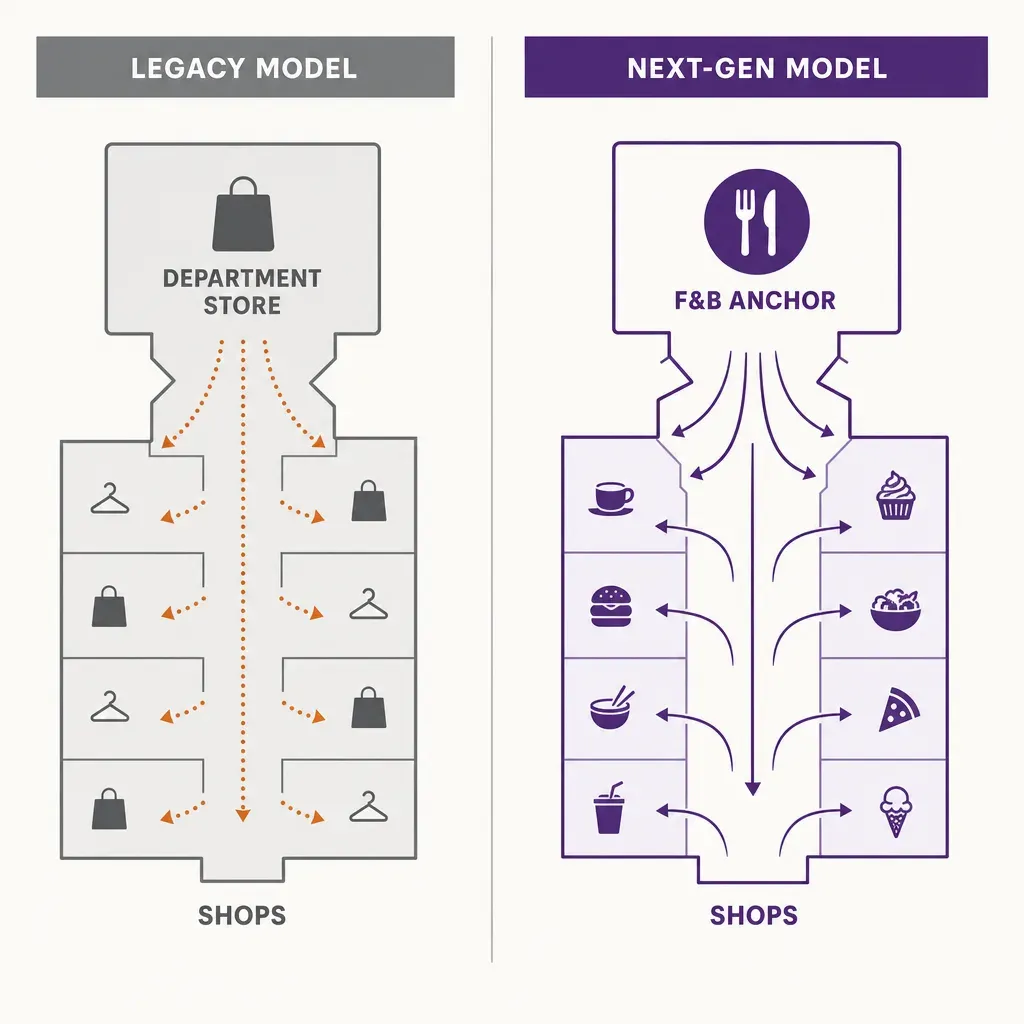 Vector infographic comparing mall layouts with department store anchor versus food and beverage anchor and their foot traffic