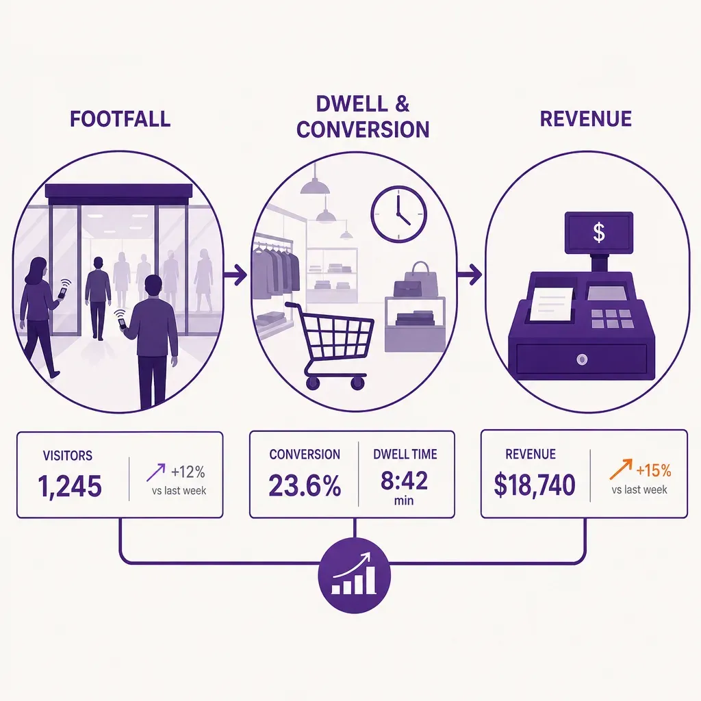 Flat vector infographic showing flow from foot traffic to dwell and conversion to revenue with simple icons and arrows