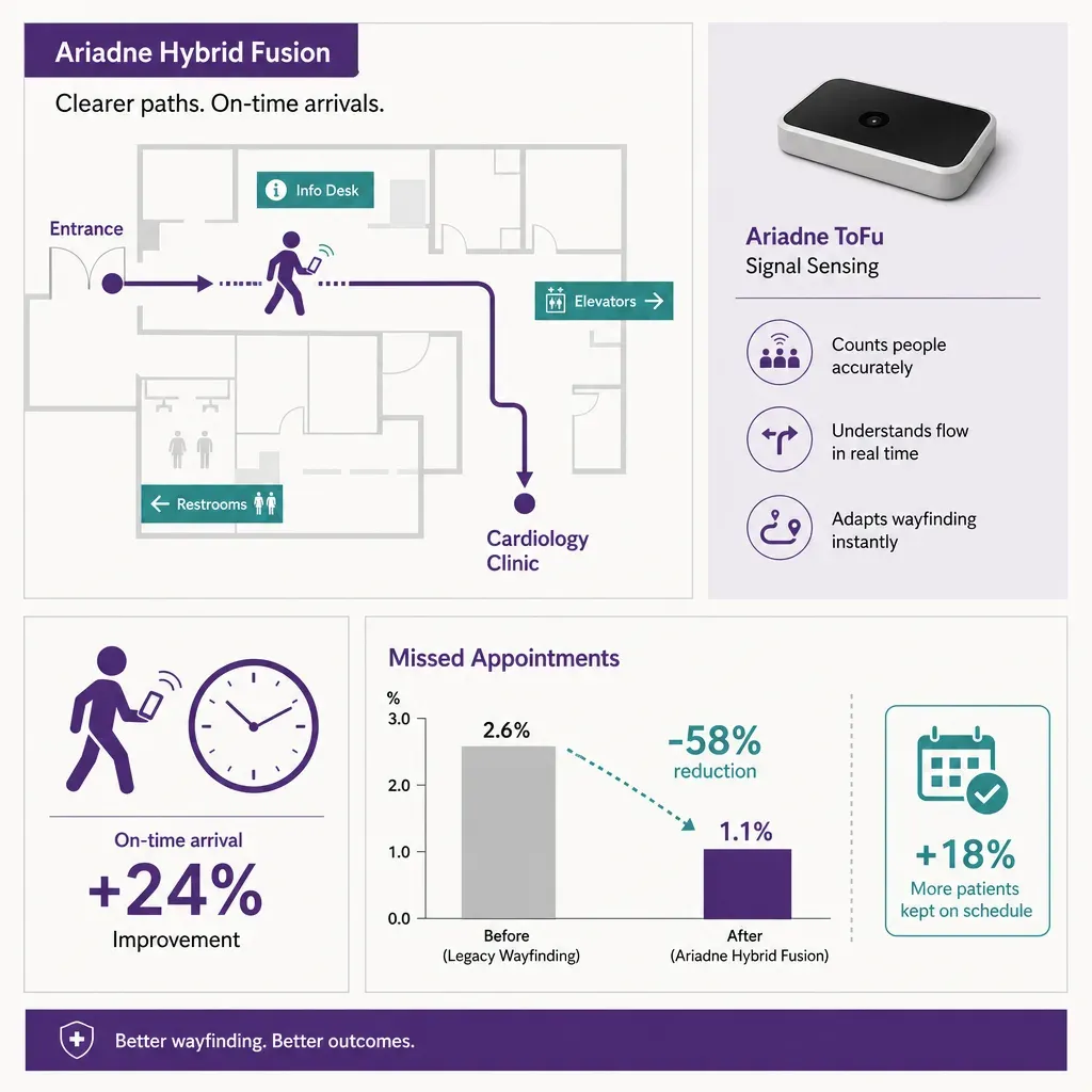 infographic showing hospital floor plan with clear patient path, on-time arrival icon, and chart of fewer missed outpatient a