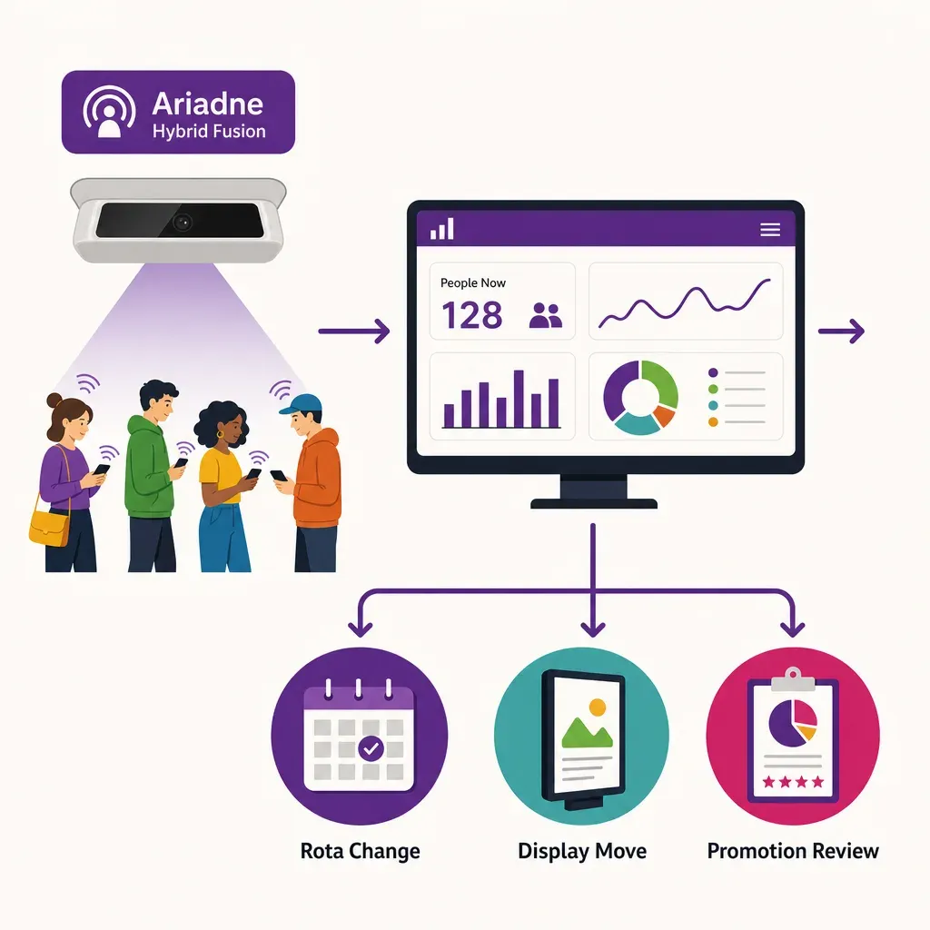 infographic flow from people-counting sensor to dashboard to actions like rota change, display move, and promotion review