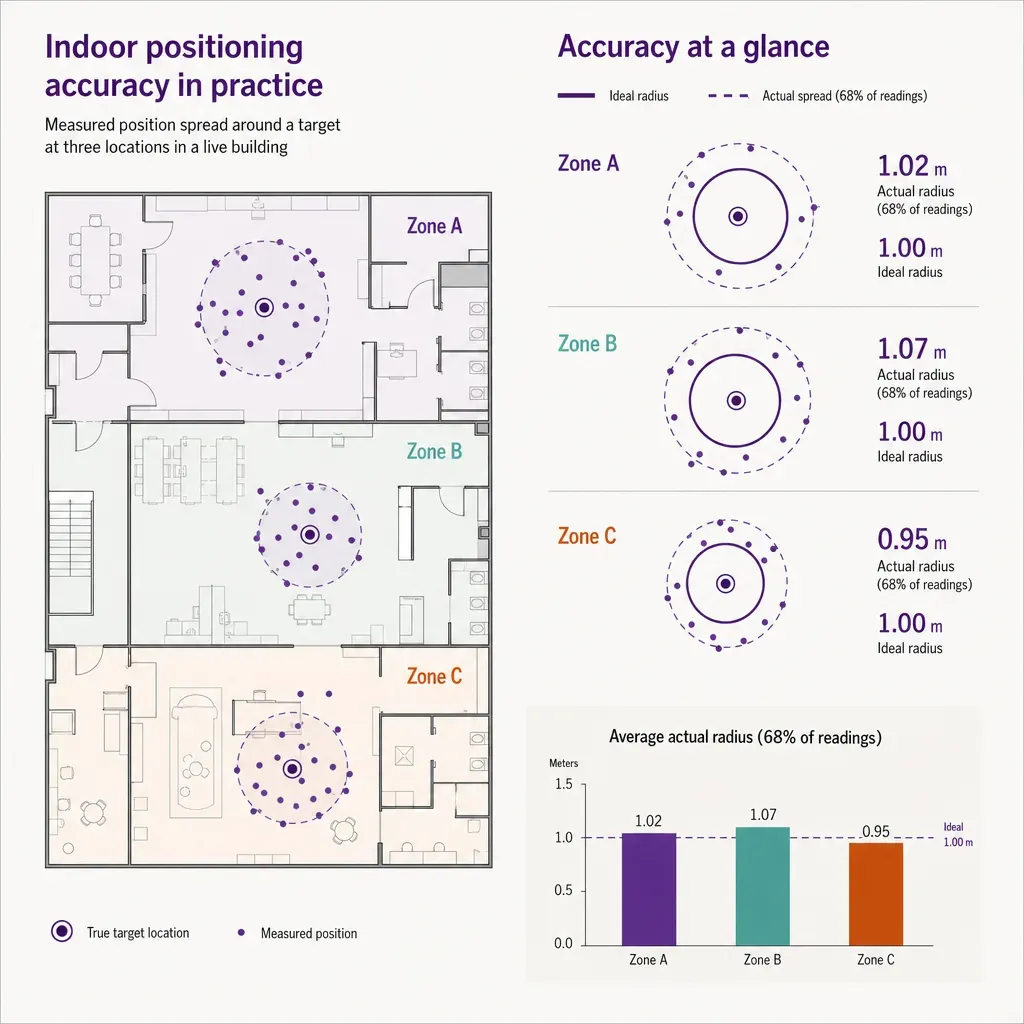 infographic showing indoor positioning accuracy with a building floor plan and comparison of ideal vs actual position spread 