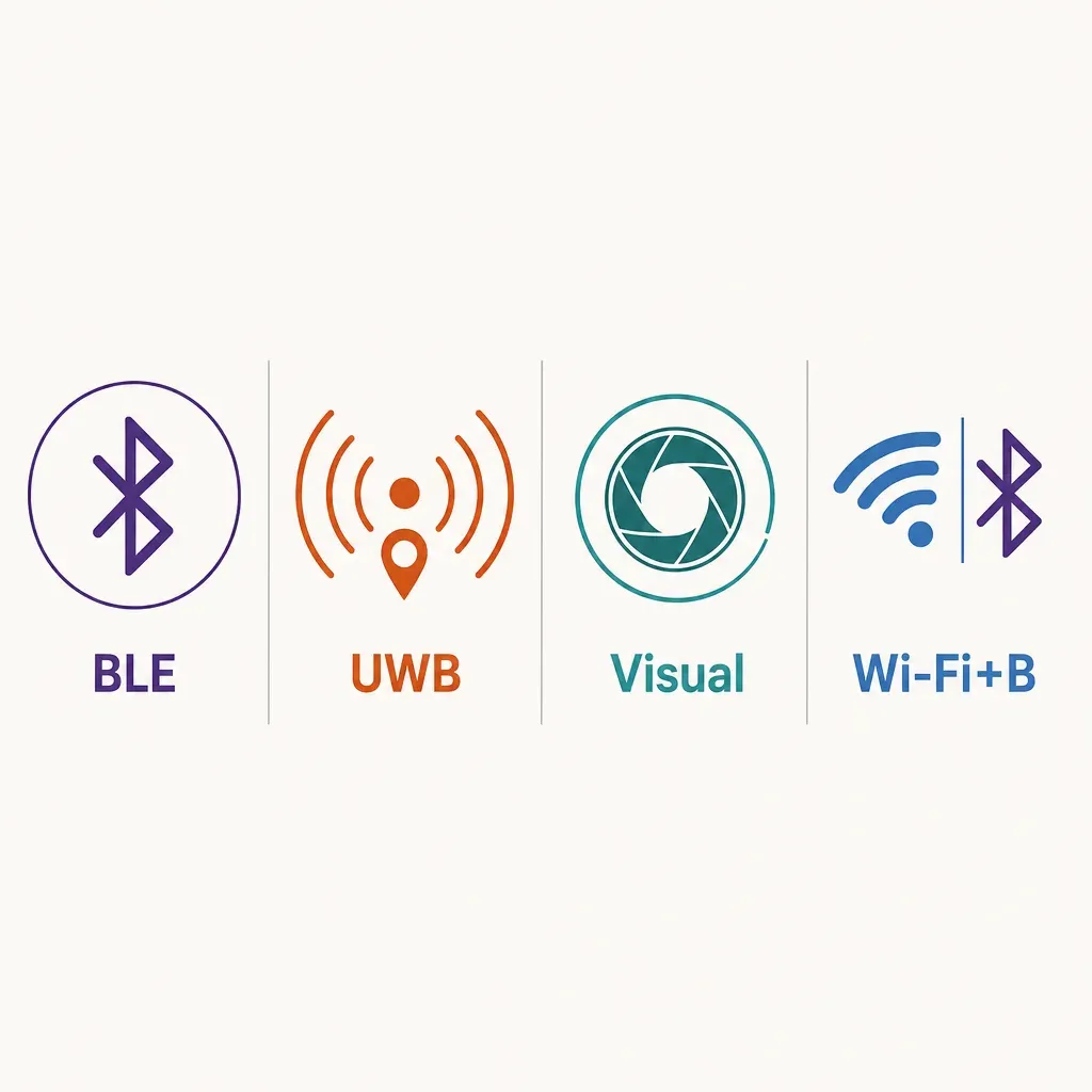 Flat vector infographic comparing BLE, UWB, Visual, and Wi-Fi+BLE indoor positioning technologies with icons and a simple acc