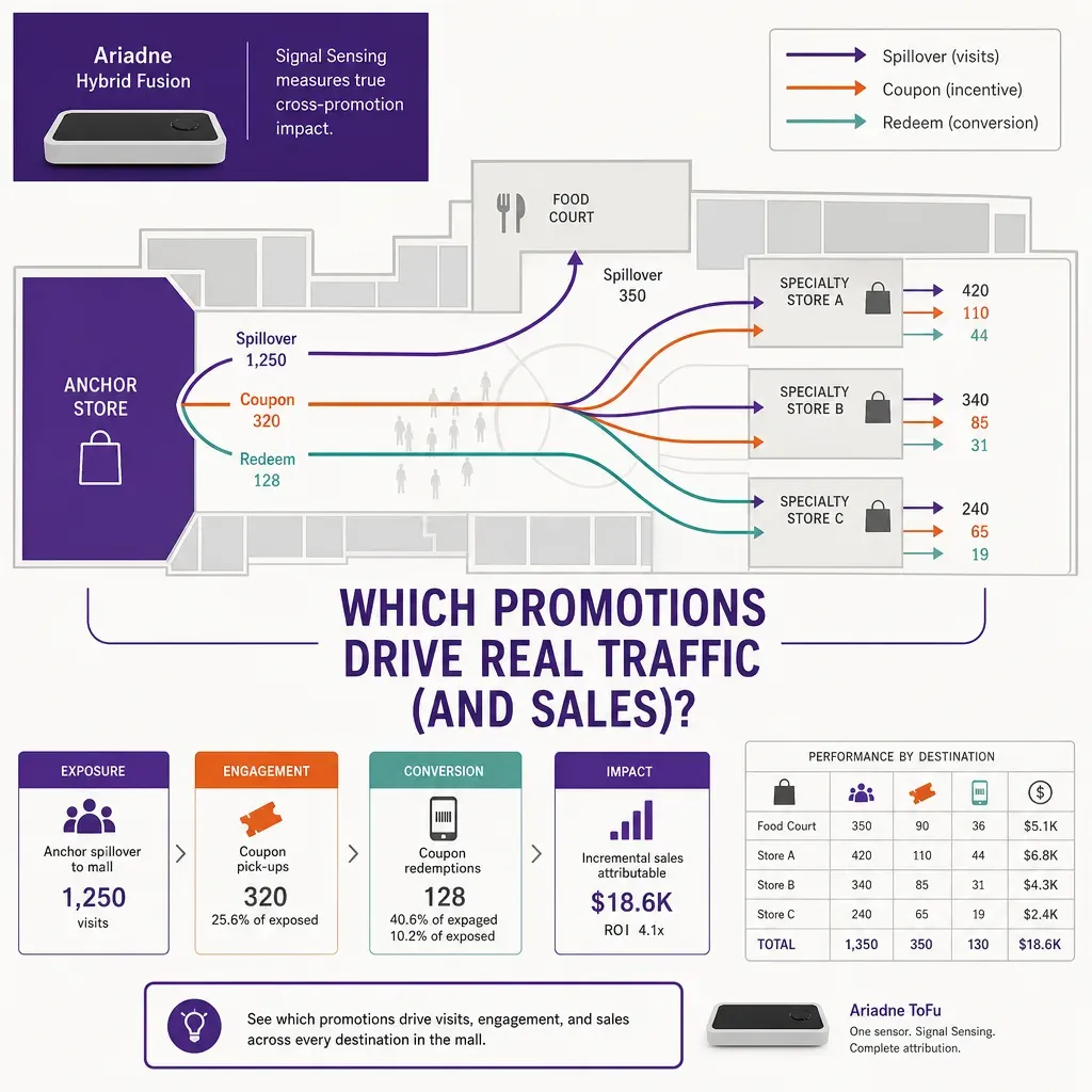 vector infographic illustrating cross-promotion flows from anchor store to specialty tenants and food court in a mall with la