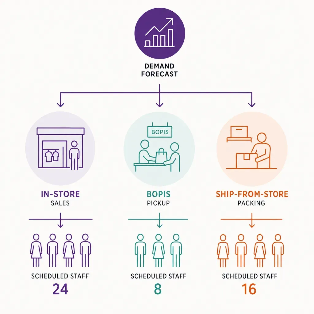 infographic showing a demand forecast feeding three retail tasks with corresponding scheduled employee counts for omnichannel