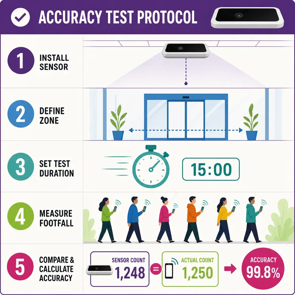 vector infographic depicting the step-by-step process to verify people-counting sensor accuracy with icons for sensor, entry,