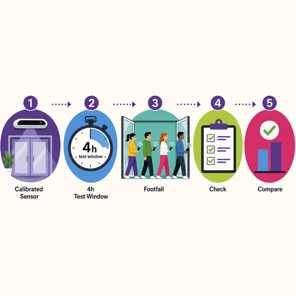 infographic showing five steps to verify people-counting accuracy: sensor setup, timed test, footfall flow, data collection, 