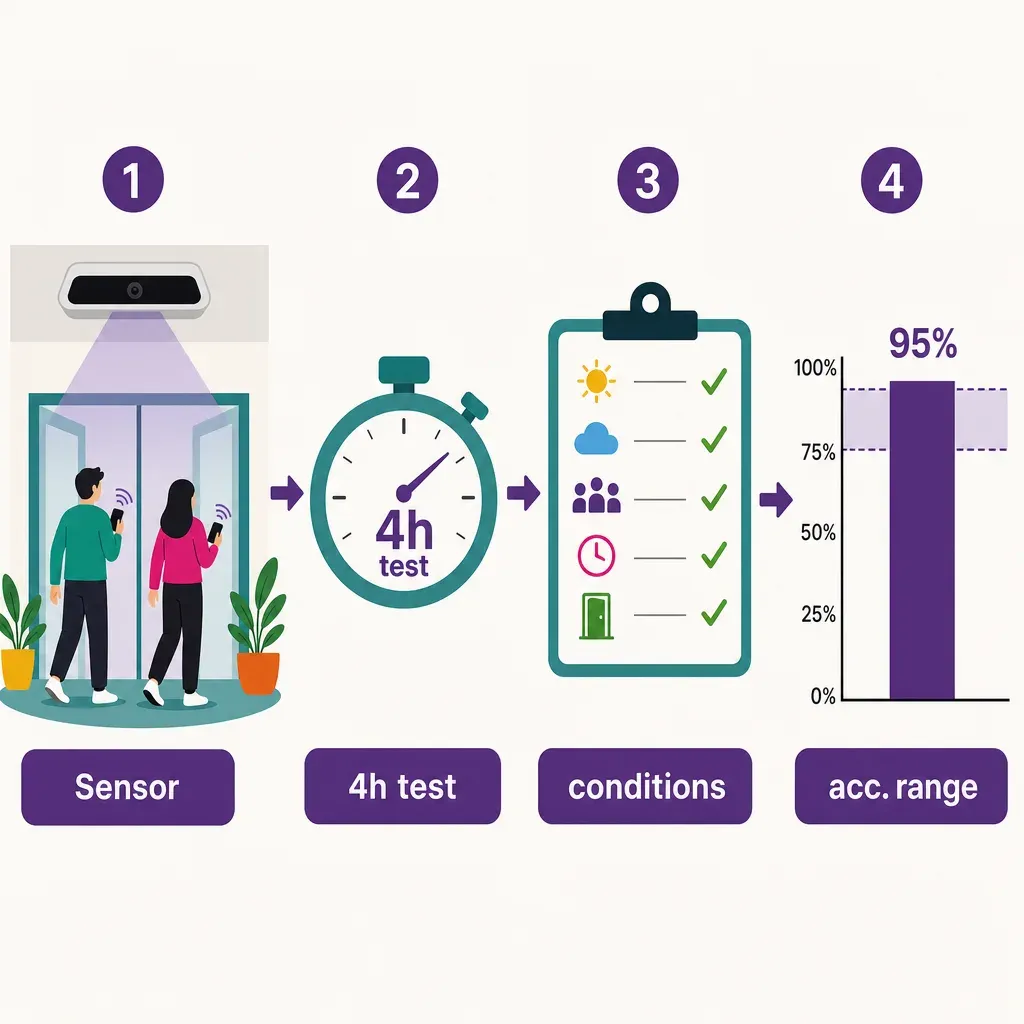 flat vector infographic showing four steps to verify people-counting sensor accuracy: sensor setup, timed test, condition che