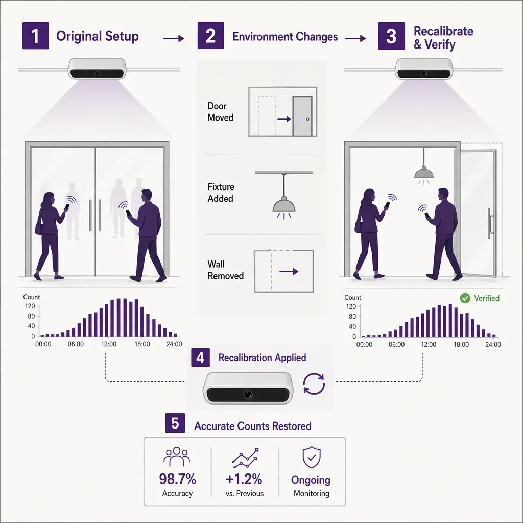 Vektorinfografik zeigt Ablauf vom ursprünglichen Personenzähler über Umweltänderungen bis zur Neukalibrierung