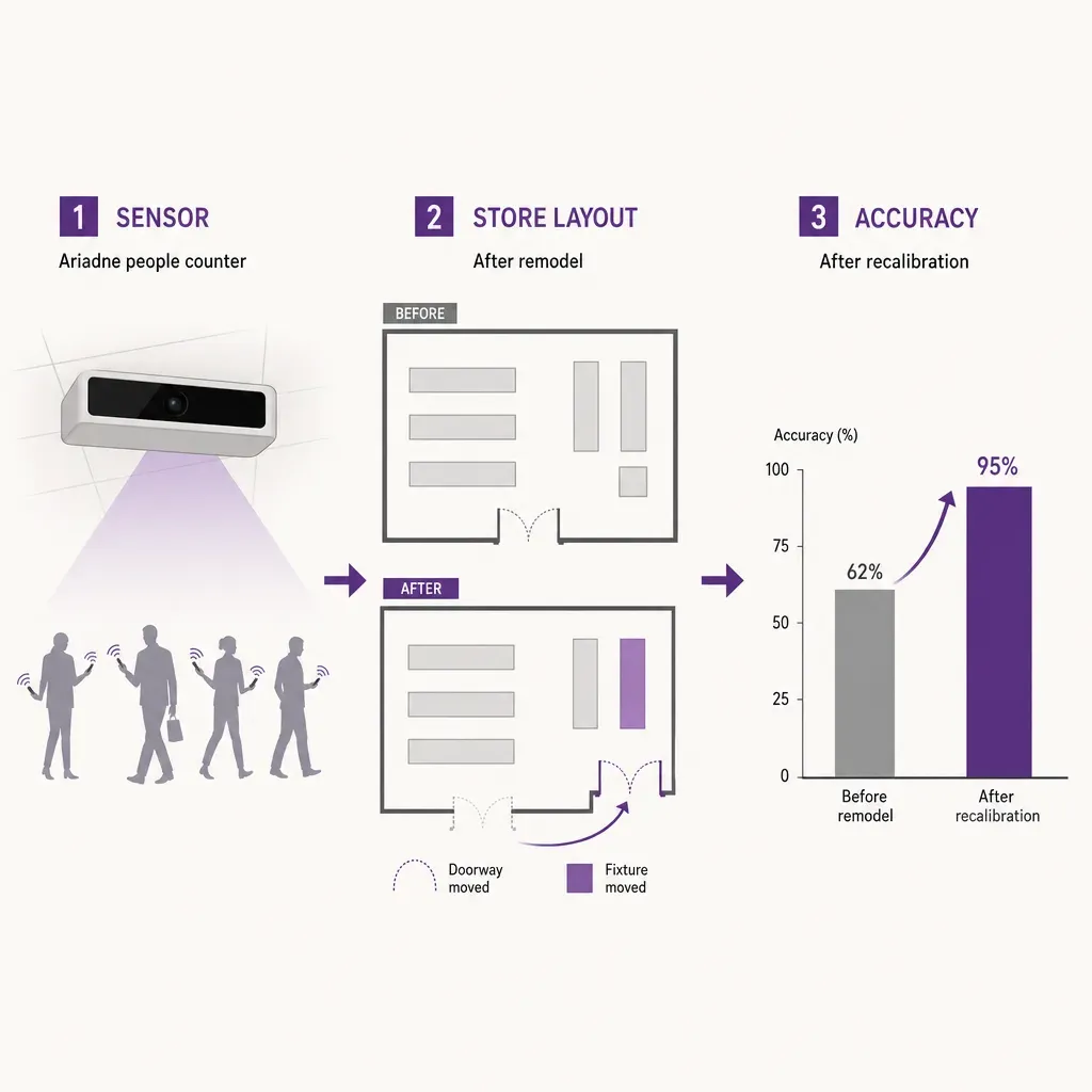 infographic showing sensor, changed store layout, and improved people counting accuracy after recalibration