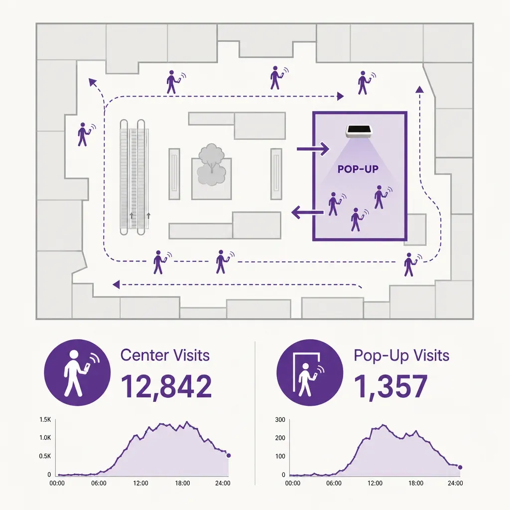 infographic showing people flow and footfall counts in a shopping center with a pop-up store, including visitor numbers and a