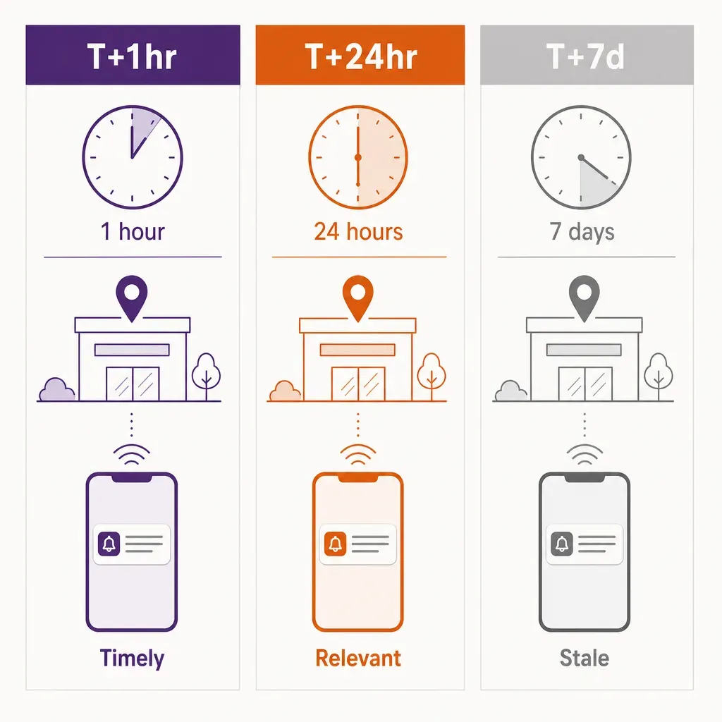 flat vector infographic comparing push notification timings at one hour, one day, and one week after a store visit with clock