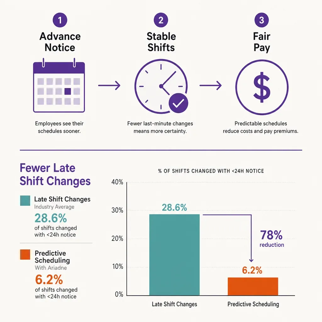 colorful infographic showing predictive scheduling benefits with icons for calendar, clock, and pay plus a small chart compar