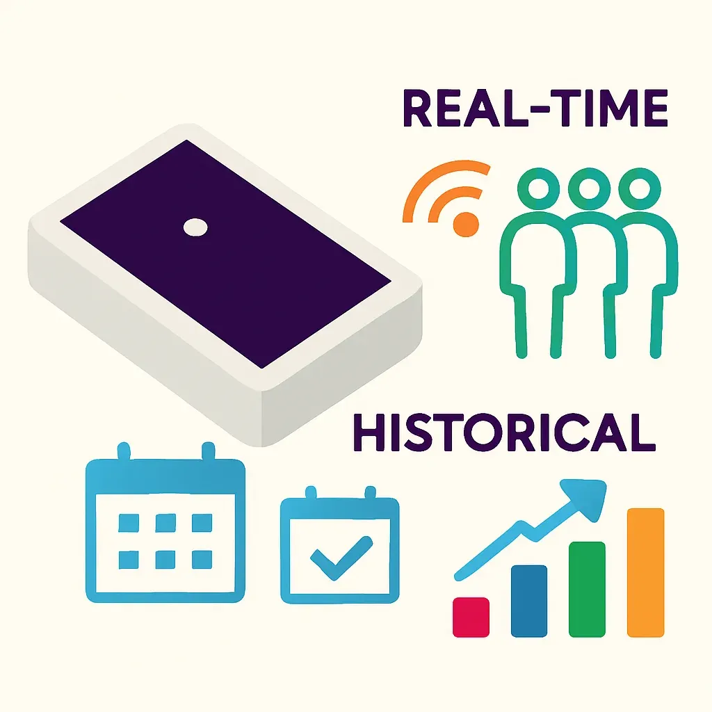 Infografik vergleicht Echtzeit- und historische Personenzählung mit Symbolen für Live-Daten, Warteschlange, Kalender und