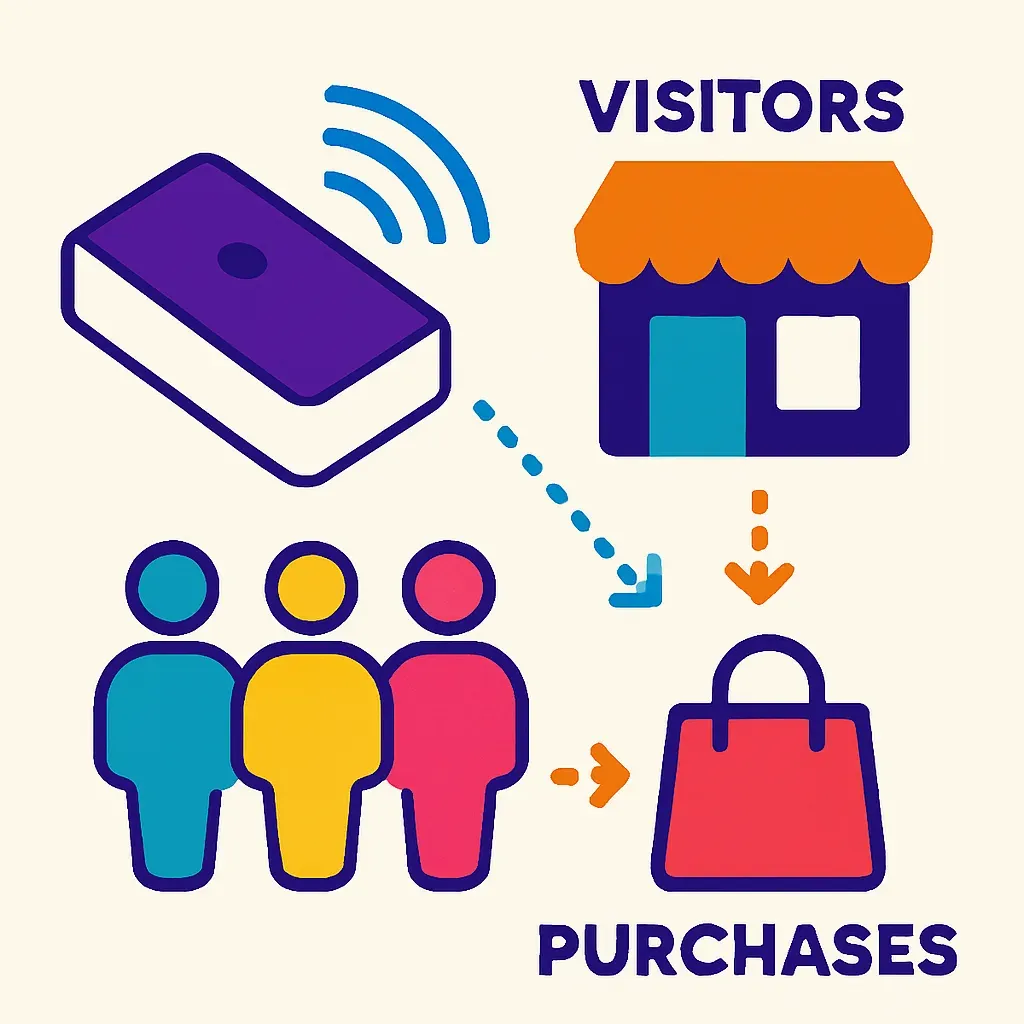 Infographic showing a people-counting sensor tracking visitors entering a store, linked to purchases, illustrating retail con