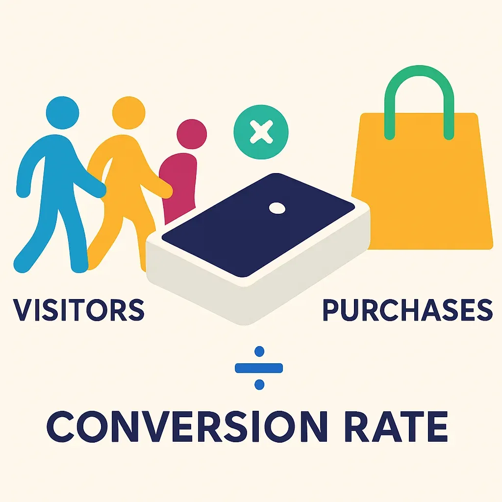 infographic illustrating retail conversion rate calculation with people-counting sensor tracking visitors and resulting purch