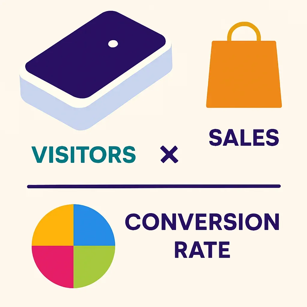 infographic illustrating retail conversion rate formula with icons for visitors counted by sensor, sales, and conversion rate