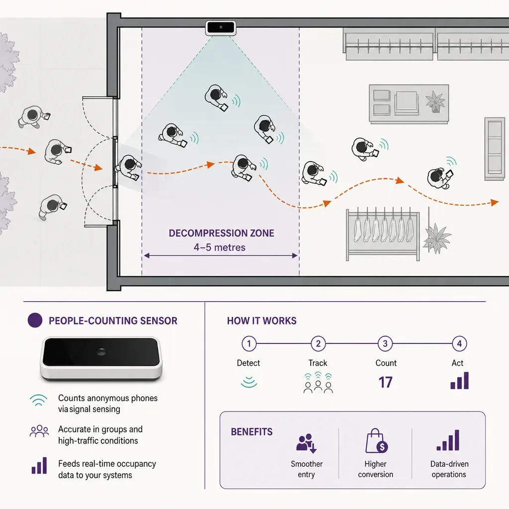 infographic showing a store entrance with a marked decompression zone where visitors slow down, with people-counting sensors 