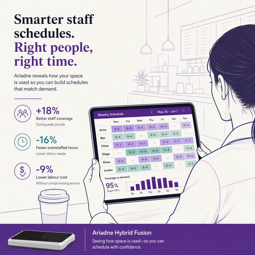 infographic of the outcome or benefit, with simple icons or a small chart, employee scheduling setting