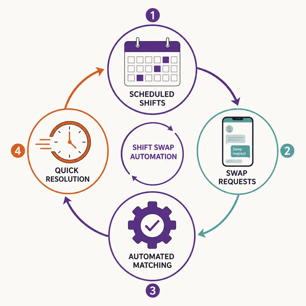 infographic showing a circular flow of employee shift scheduling, manual swap requests, automation, and quick resolution in r
