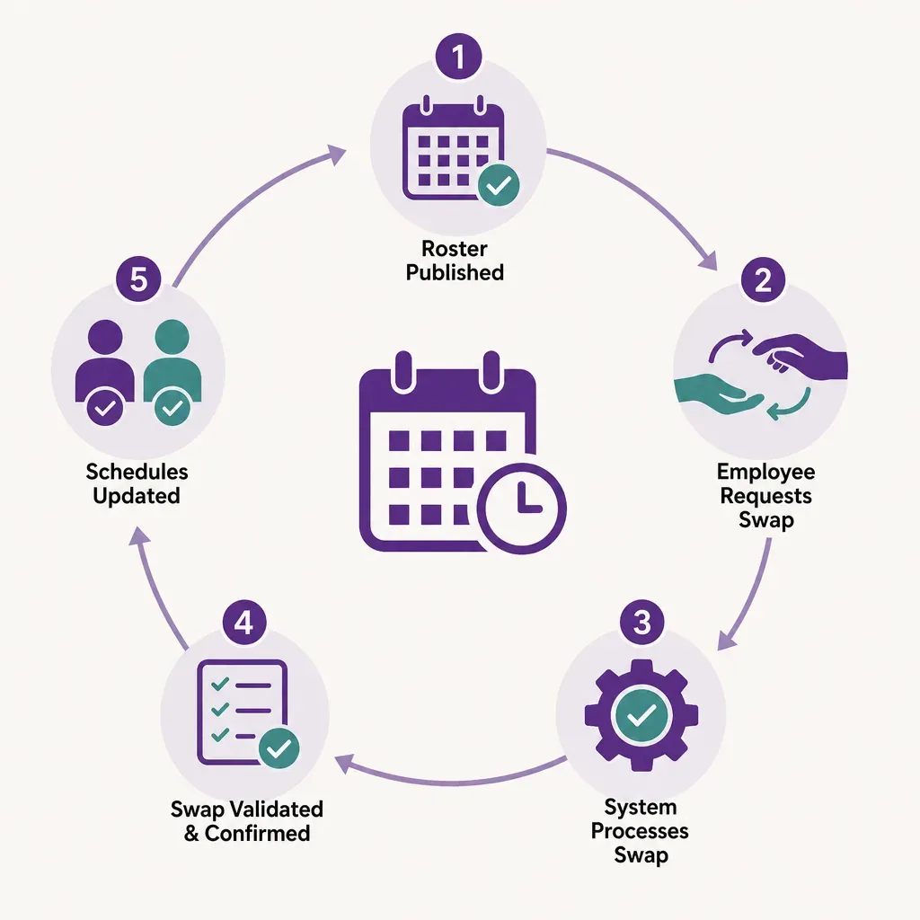 infographic showing circular step-by-step flow of automated shift swap process in retail employee scheduling with icons and s