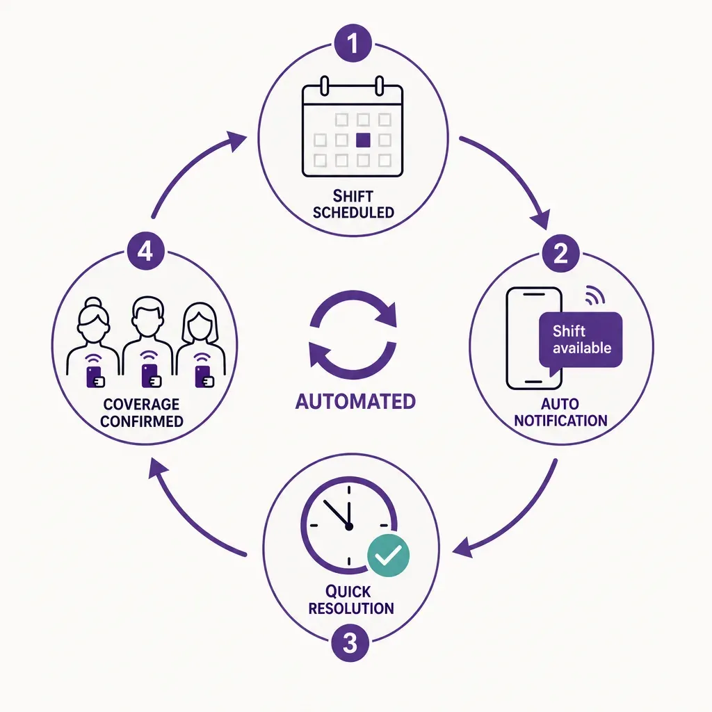 Infographic of automated shift swap loop with calendar, smartphone, clock, and employee group icons showing smooth scheduling
