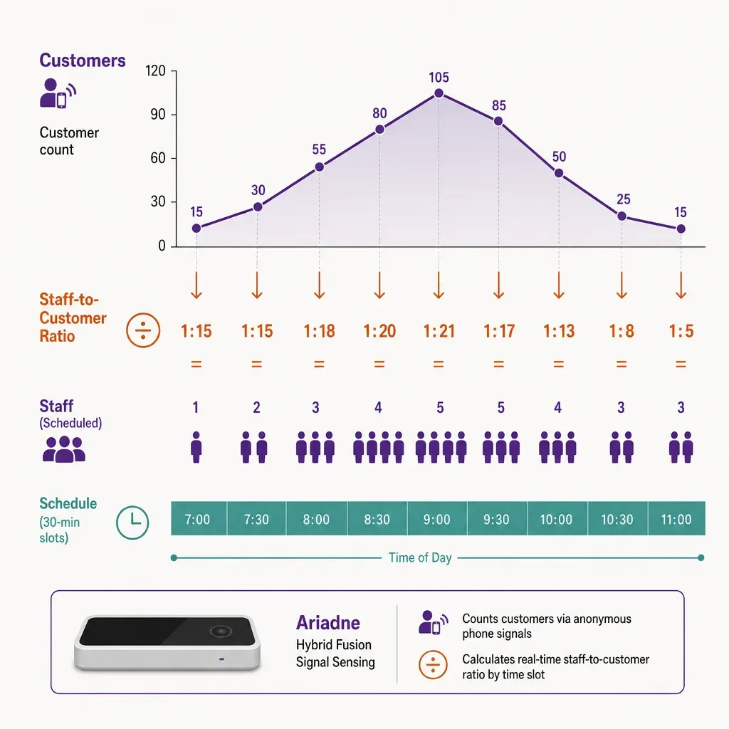 infographic showing half-hour employee schedule icons aligned with an inverted U curve of customer counts, illustrating staff