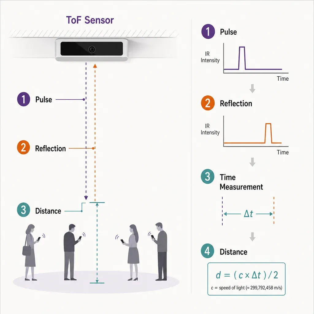 infographic of a ceiling-mounted Time-of-Flight sensor sending infrared pulses to people below and measuring return time to c