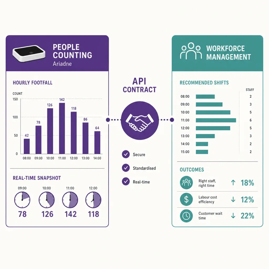 Infographic showing people counting data and workforce management connected by an API contract with icons for footfall charts