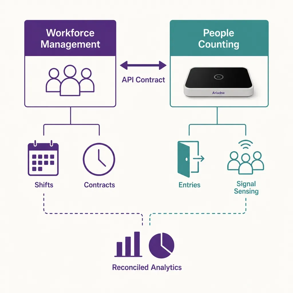 Infographic of two systems, workforce management with shift icons and people counting with footfall sensor icons, connected b