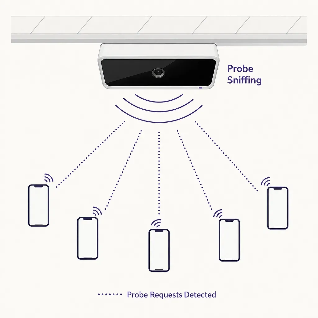 infographic showing a ceiling-mounted Wi-Fi sensor detecting signals from nearby phones via probe request icons