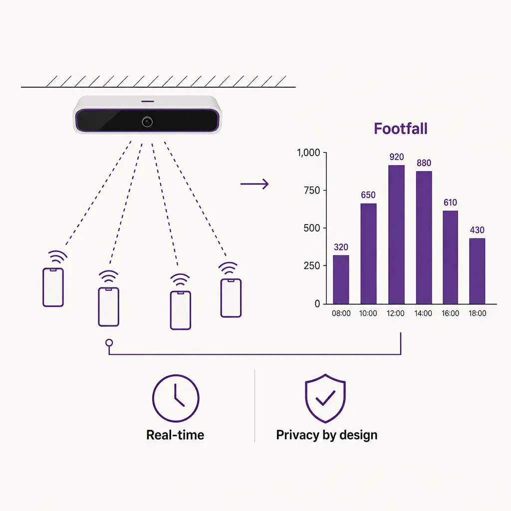 Infografik zeigt Wi-Fi-Probe-Sniffing-Sensor, der Handysignale in Besucherzahlen mit datenschutzfreundlicher Personenzählung