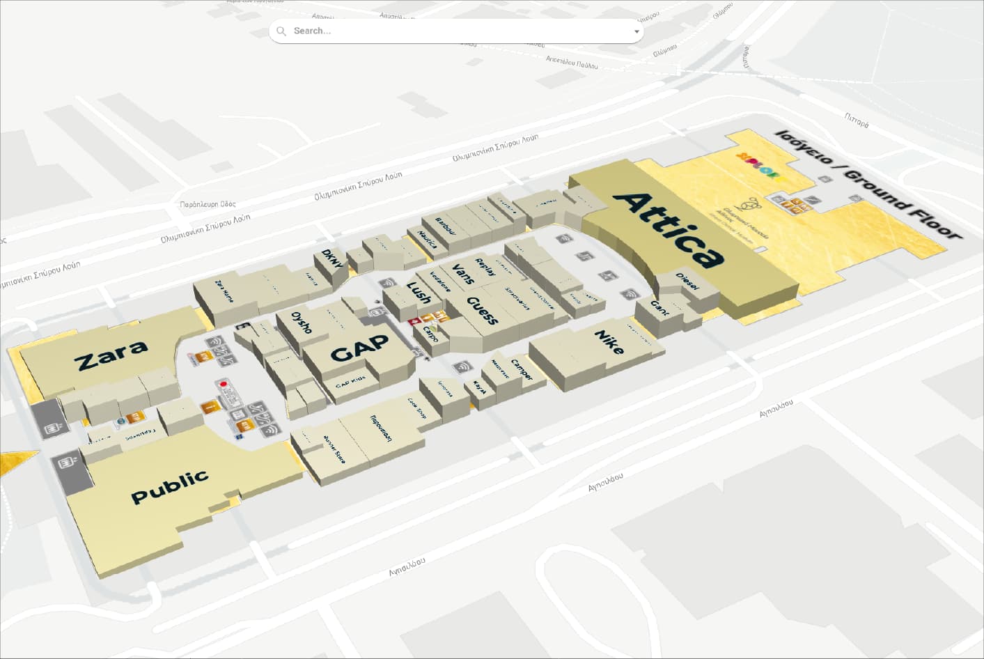 An Ariadne 3D model map of a building floor used for wayfinding