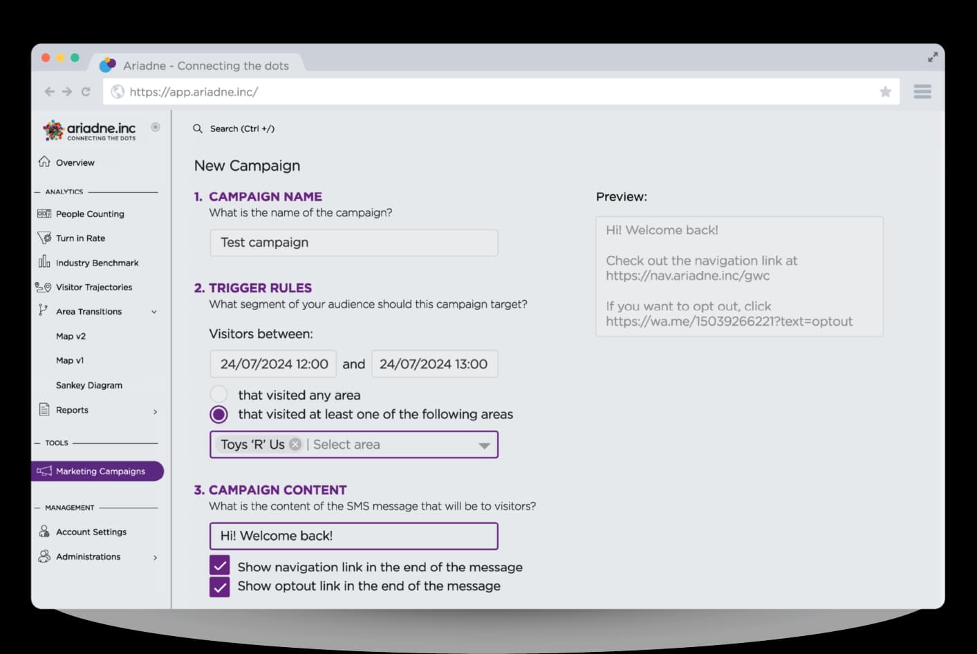 Ariadnes integrierter Kampagnen-Editor mit Trigger-Regeln nach Zeit und Bereich und der SMS-Nachricht